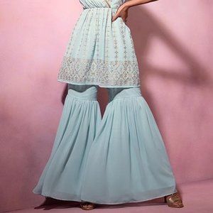 Blue Pleated Sharara Pants